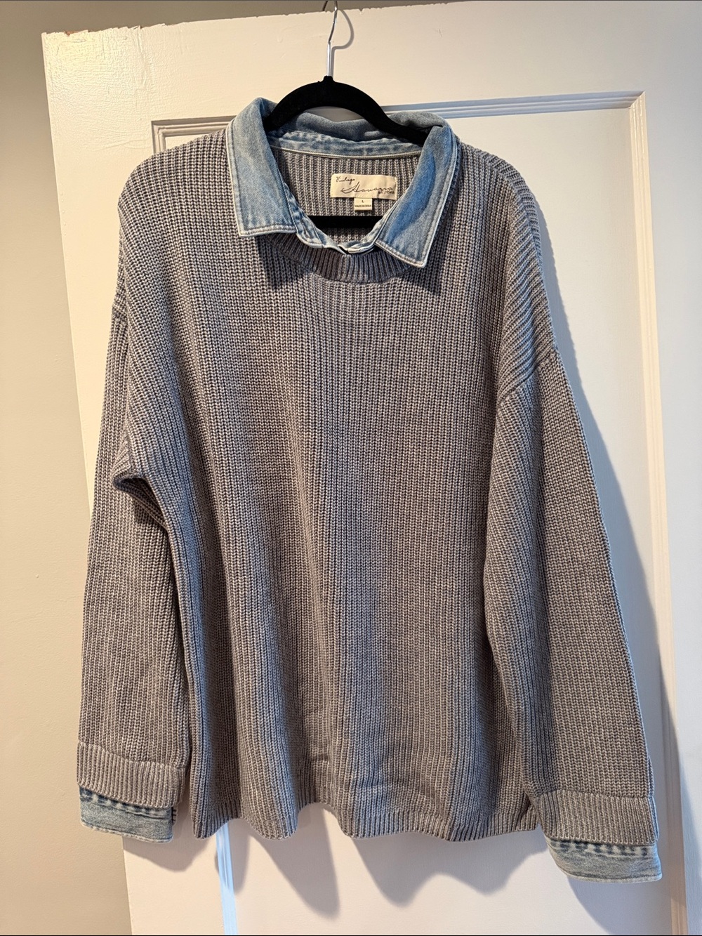 Vintage Havana Gray Ribbed Crewneck Sweater with Denim Collar & Cuffs Size L NWT - Picture 6 of 12
